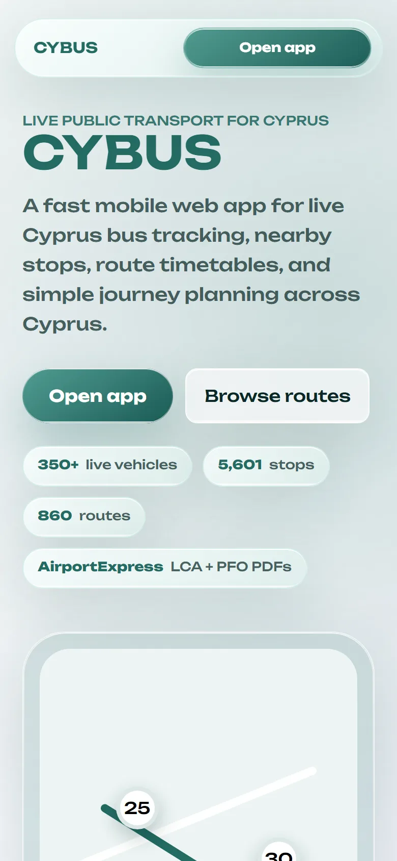 CyBus website: mint and white interface with the headline CYBUS, a description of live Cyprus bus tracking and a stylised map card showing route markers.